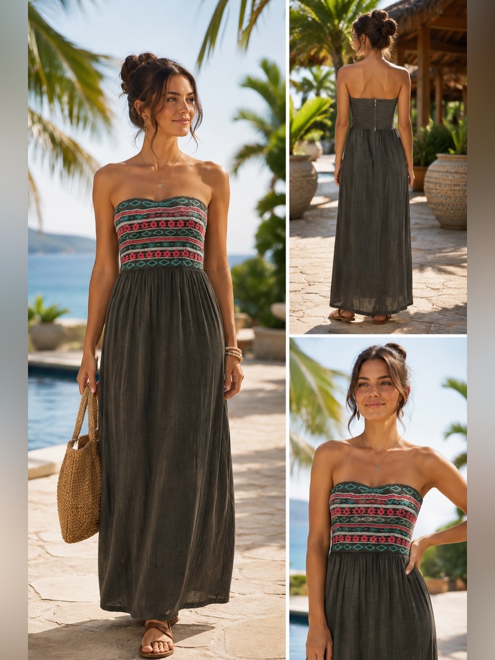As U Wish Strapless Maxi Dress Olive Green w/ Pink & Teal Embroidered Bodice